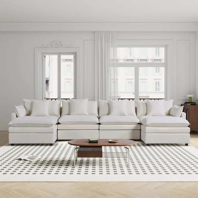 White 142" U-Shaped 6-Seater Sectional Sofa with Chaise, Ottomans & Cloud Cushions