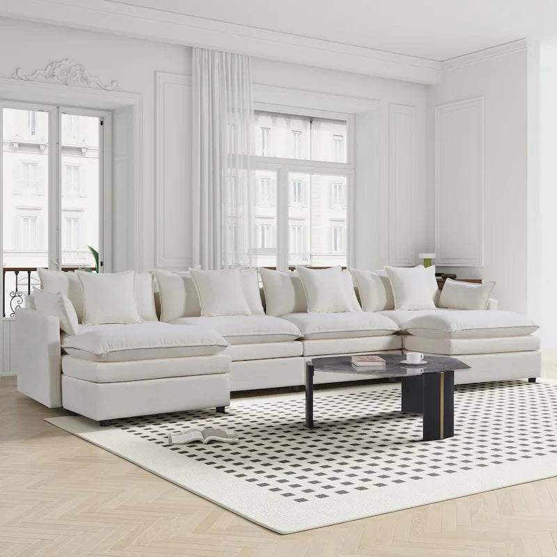 White 142" U-Shaped 6-Seater Sectional Sofa with Chaise, Ottomans & Cloud Cushions