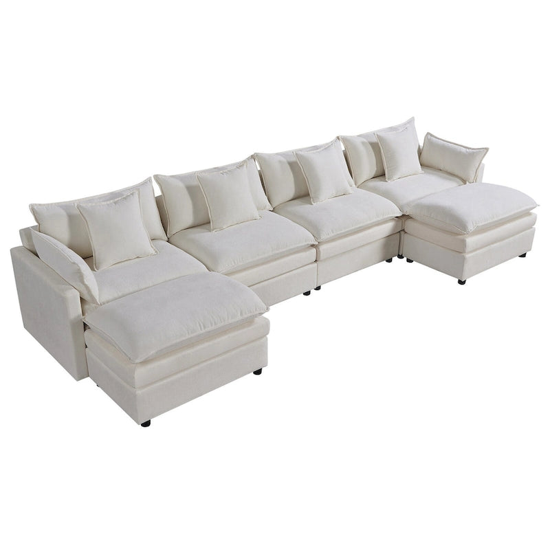 White 142" U-Shaped 6-Seater Sectional Sofa with Chaise, Ottomans & Cloud Cushions