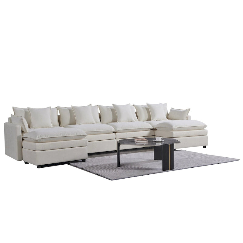 White 142" U-Shaped 6-Seater Sectional Sofa with Chaise, Ottomans & Cloud Cushions