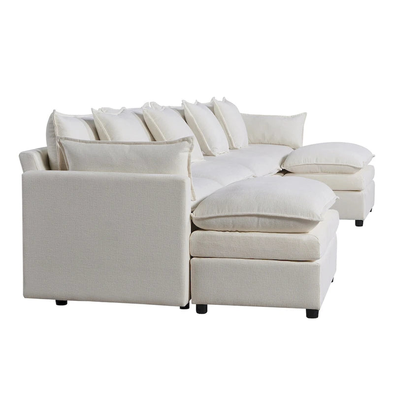 White 142" U-Shaped 6-Seater Sectional Sofa with Chaise, Ottomans & Cloud Cushions
