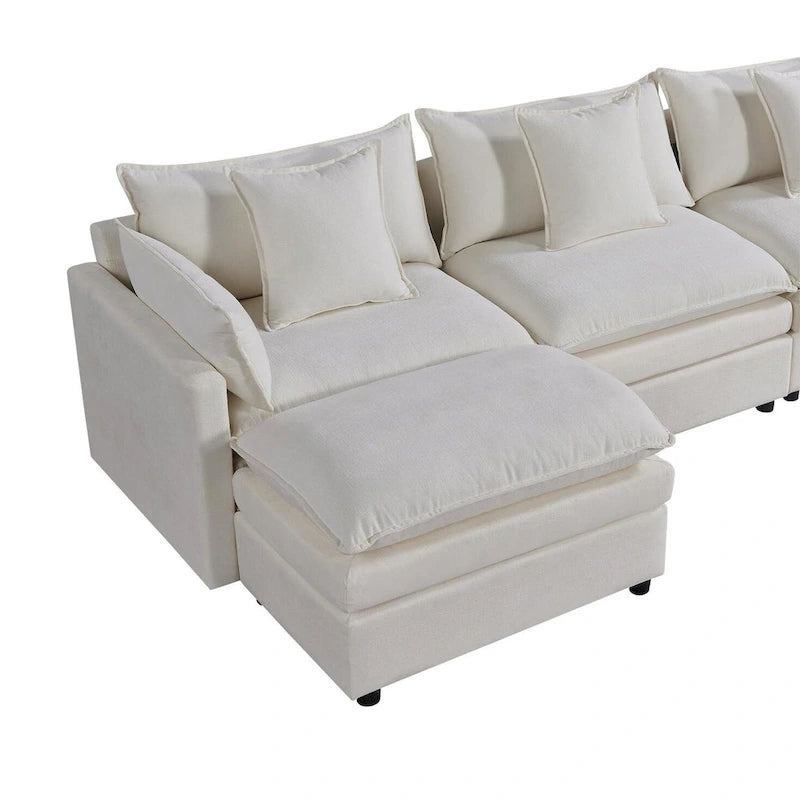 White 142" U-Shaped 6-Seater Sectional Sofa with Chaise, Ottomans & Cloud Cushions