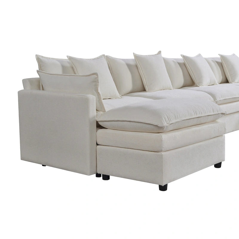 White 142" U-Shaped 6-Seater Sectional Sofa with Chaise, Ottomans & Cloud Cushions