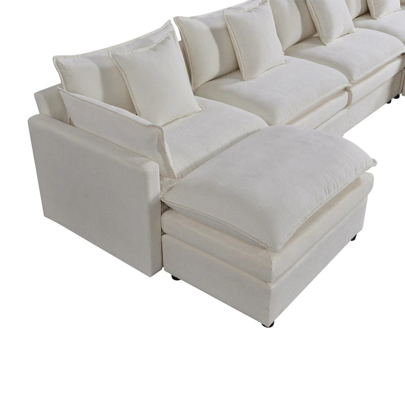 White 142" U-Shaped 6-Seater Sectional Sofa with Chaise, Ottomans & Cloud Cushions