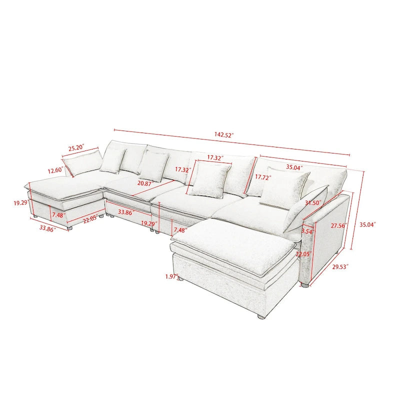 White 142" U-Shaped 6-Seater Sectional Sofa with Chaise, Ottomans & Cloud Cushions