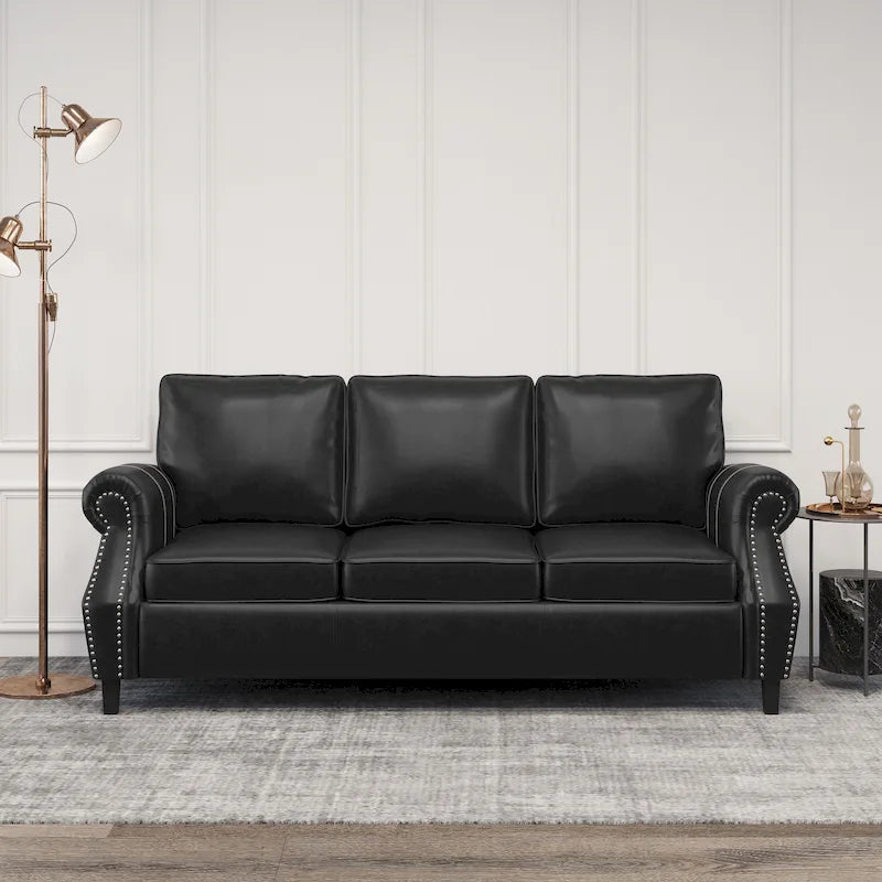 Modern 80" Faux Leather 3-Seater Sofa, Nailhead Trim & Birch Wood Legs