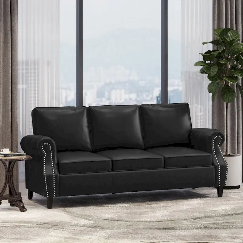 Modern 80" Faux Leather 3-Seater Sofa, Nailhead Trim & Birch Wood Legs