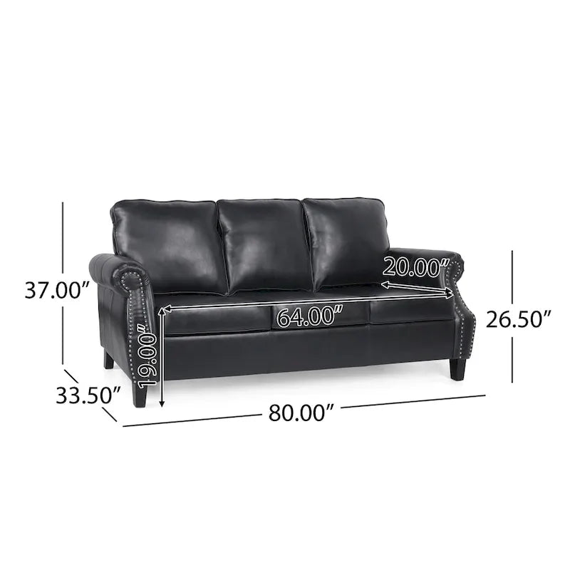 Modern 80" Faux Leather 3-Seater Sofa, Nailhead Trim & Birch Wood Legs