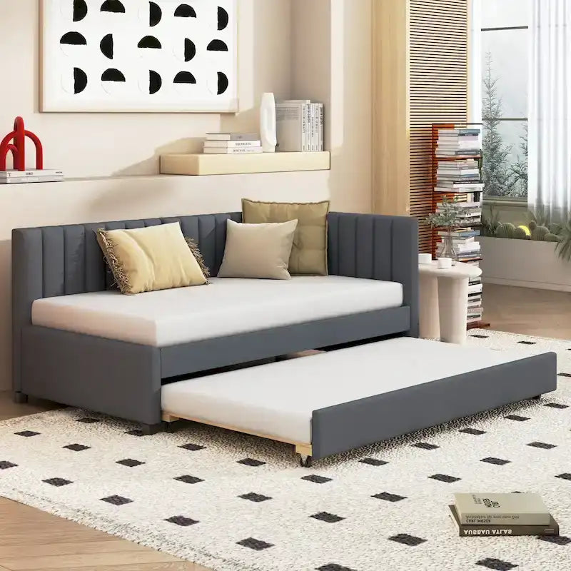 Twin Linen Upholstered Daybed with Trundle and Semi-Closed Design