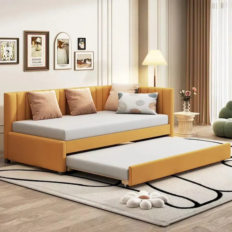 Twin Linen Upholstered Daybed with Trundle and Semi-Closed Design
