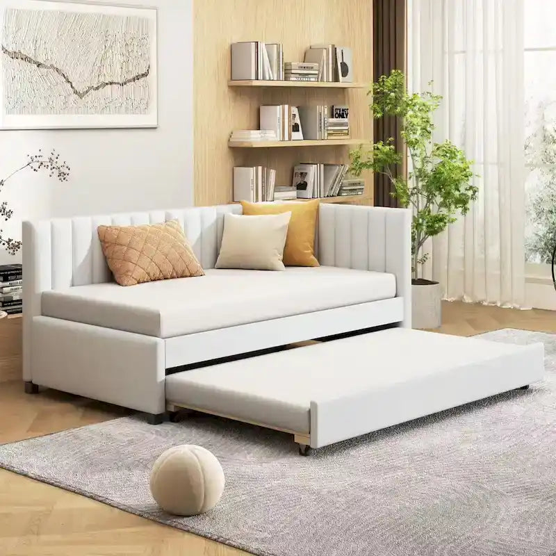 Twin Linen Upholstered Daybed with Trundle and Semi-Closed Design