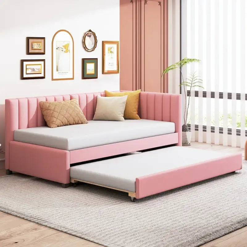 Twin Linen Upholstered Daybed with Trundle and Semi-Closed Design