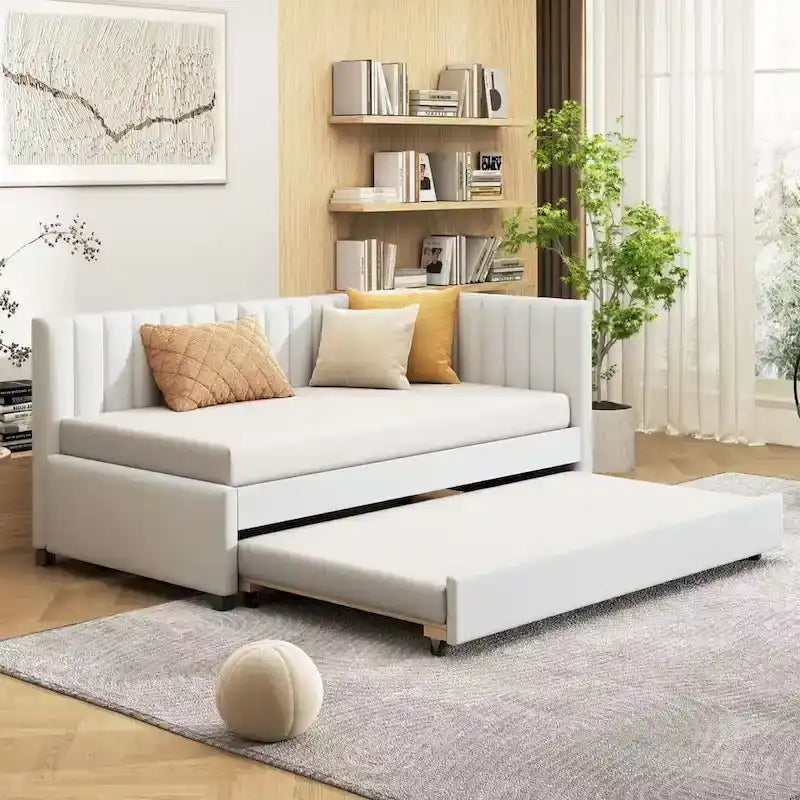 Twin Linen Daybed with Trundle and Semi-Closed Design