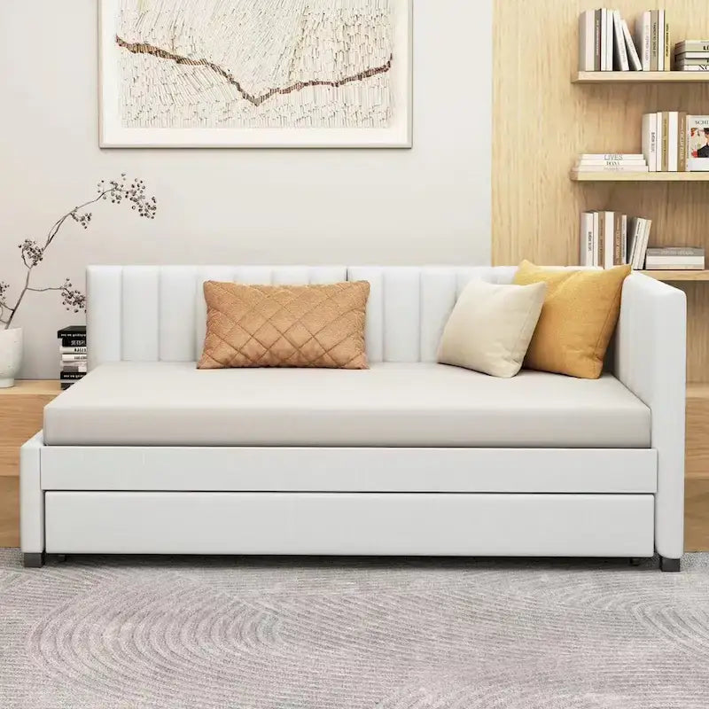 Twin Linen Upholstered Daybed with Trundle and Semi-Closed Design