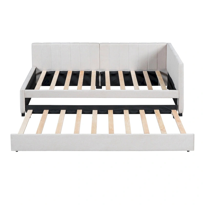 Twin Linen Upholstered Daybed with Trundle and Semi-Closed Design