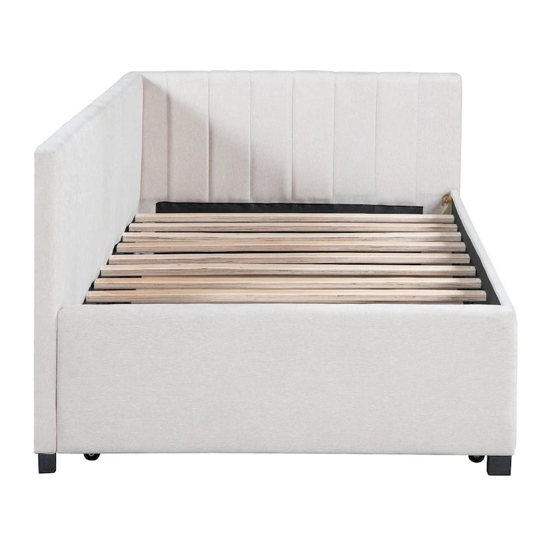 Twin Linen Upholstered Daybed with Trundle and Semi-Closed Design