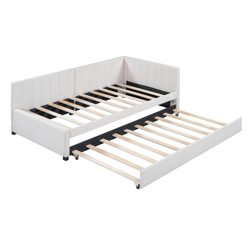 Twin Linen Upholstered Daybed with Trundle and Semi-Closed Design