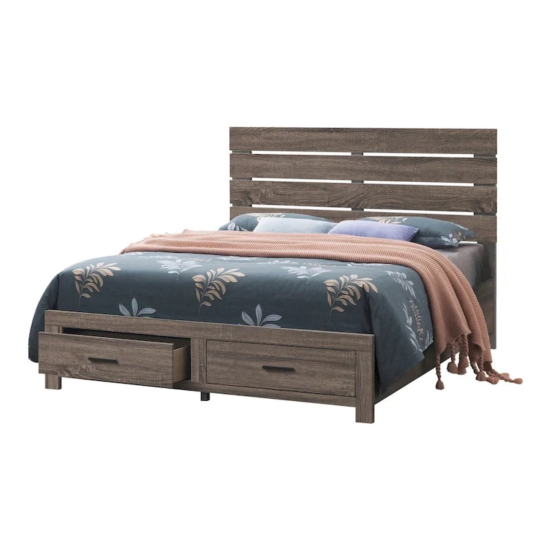 Rustic Platform Storage Bed with 2 Drawers & Slatted Headboard, Queen/King