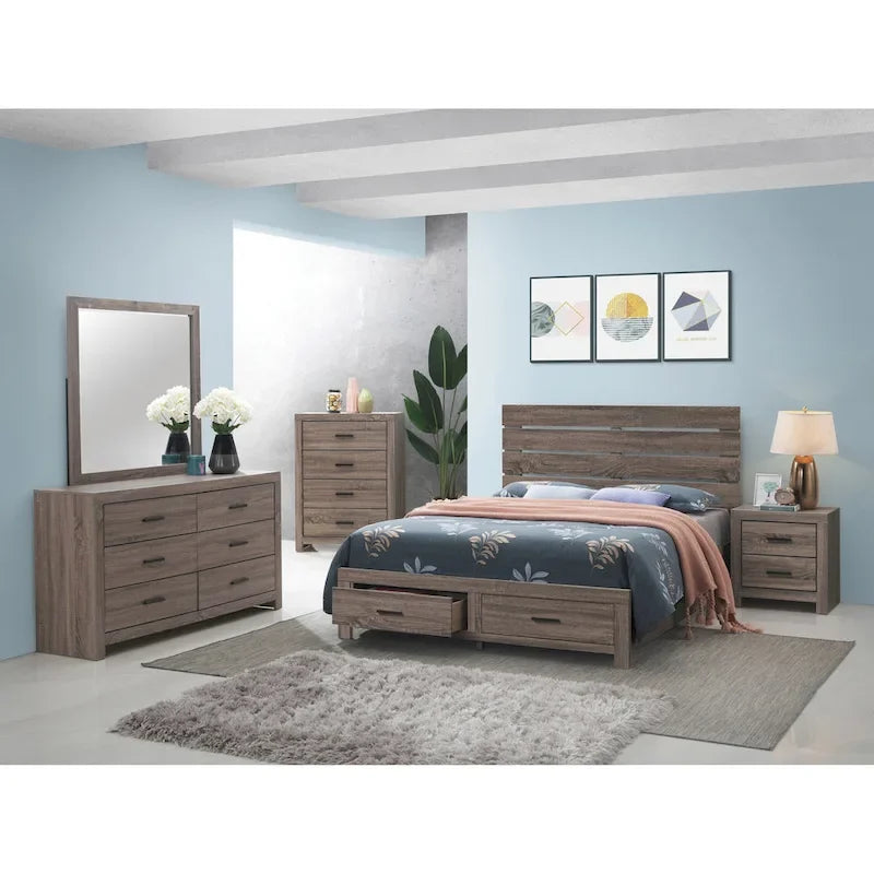 Rustic Platform Storage Bed with 2 Drawers & Slatted Headboard, Queen/King