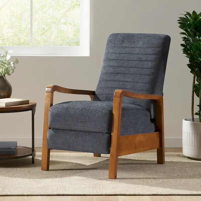 Mid-Century Modern Push-Back Recliner Chair, Channel Stitch, Rubberwood Frame