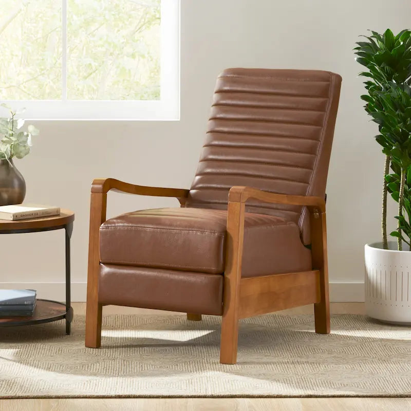 Mid-Century Modern Push-Back Recliner Chair, Channel Stitch, Rubberwood Frame