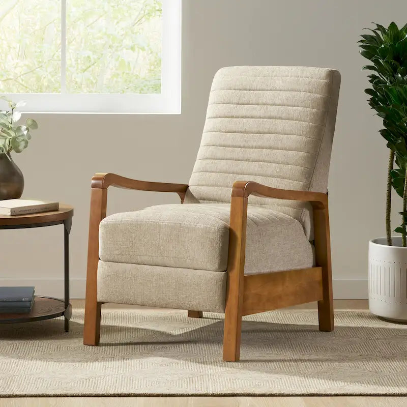 Mid-Century Modern Push-Back Recliner Chair, Channel Stitch, Rubberwood Frame