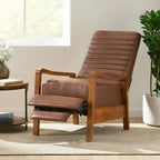 Mid-Century Modern Push-Back Recliner Chair, Channel Stitch, Rubberwood Frame