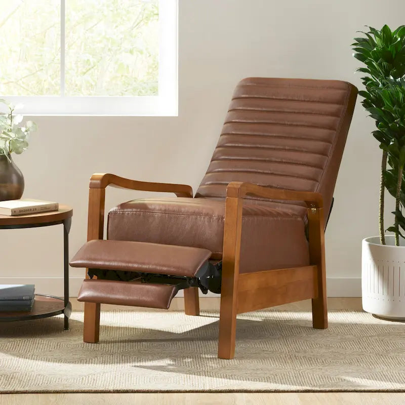 Mid-Century Modern Push-Back Recliner Chair, Channel Stitch, Rubberwood Frame