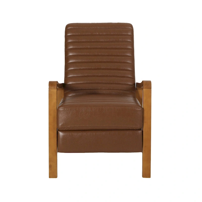 Mid-Century Modern Push-Back Recliner Chair, Channel Stitch, Rubberwood Frame