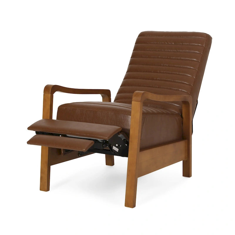 Mid-Century Modern Push-Back Recliner Chair, Channel Stitch, Rubberwood Frame