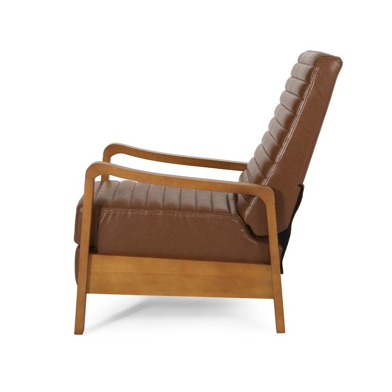 Mid-Century Modern Push-Back Recliner Chair, Channel Stitch, Rubberwood Frame