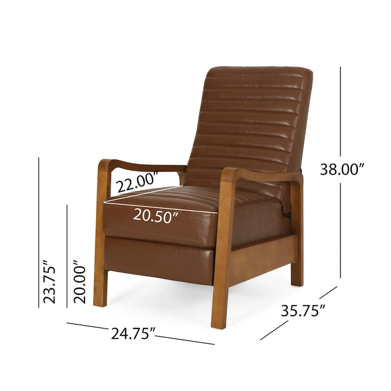 Mid-Century Modern Push-Back Recliner Chair, Channel Stitch, Rubberwood Frame