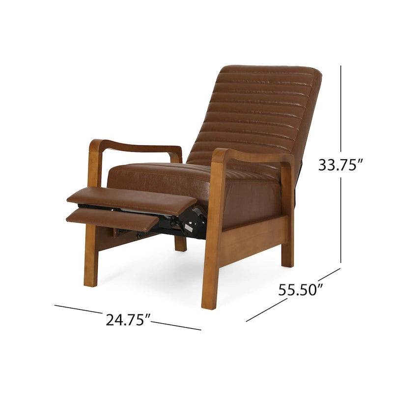Mid-Century Modern Push-Back Recliner Chair, Channel Stitch, Rubberwood Frame