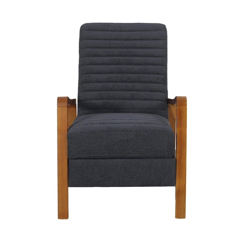 Mid-Century Modern Push-Back Recliner Chair, Channel Stitch, Rubberwood Frame