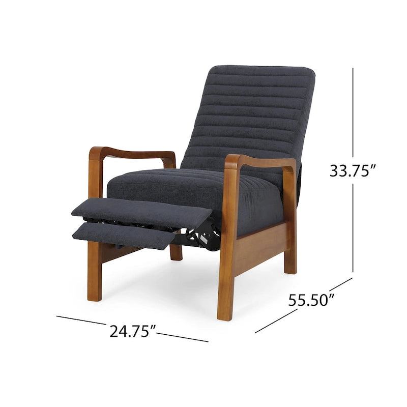 Mid-Century Modern Push-Back Recliner Chair, Channel Stitch, Rubberwood Frame
