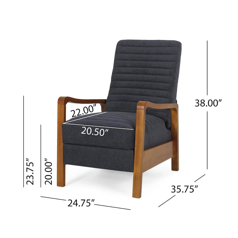 Mid-Century Modern Push-Back Recliner Chair, Channel Stitch, Rubberwood Frame