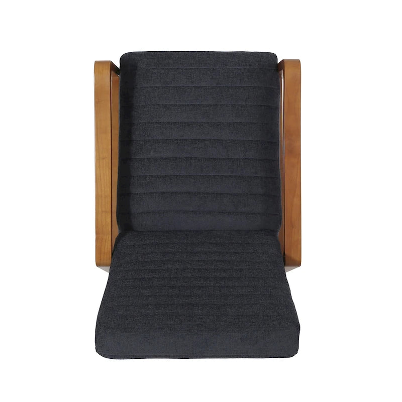 Mid-Century Modern Push-Back Recliner Chair, Channel Stitch, Rubberwood Frame