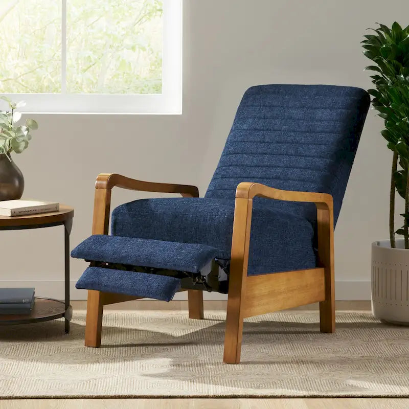 Mid-Century Modern Push-Back Recliner Chair, Channel Stitch, Rubberwood Frame