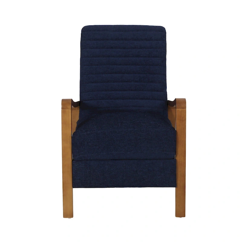 Mid-Century Modern Push-Back Recliner Chair, Channel Stitch, Rubberwood Frame