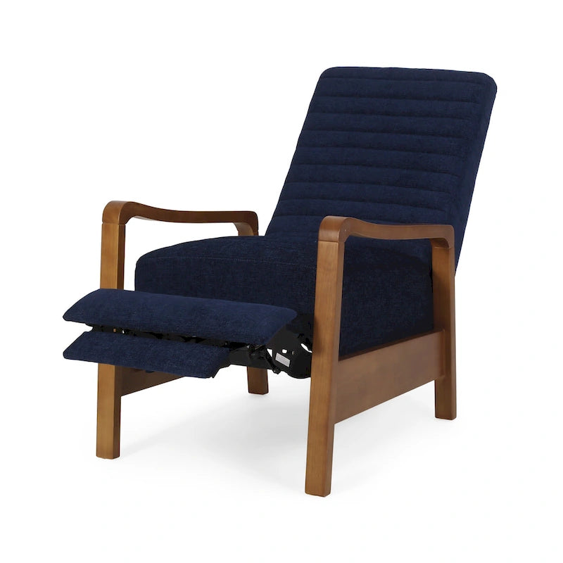 Mid-Century Modern Push-Back Recliner Chair, Channel Stitch, Rubberwood Frame