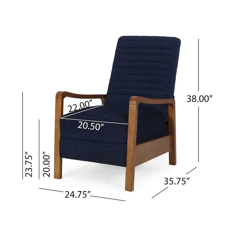 Mid-Century Modern Push-Back Recliner Chair, Channel Stitch, Rubberwood Frame