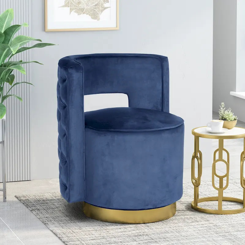Modern Glam Round Open Back Velvet Swivel Club Chair with Copper Base
