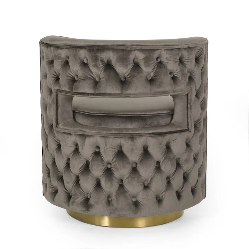 Modern Glam Round Open Back Velvet Swivel Club Chair with Copper Base