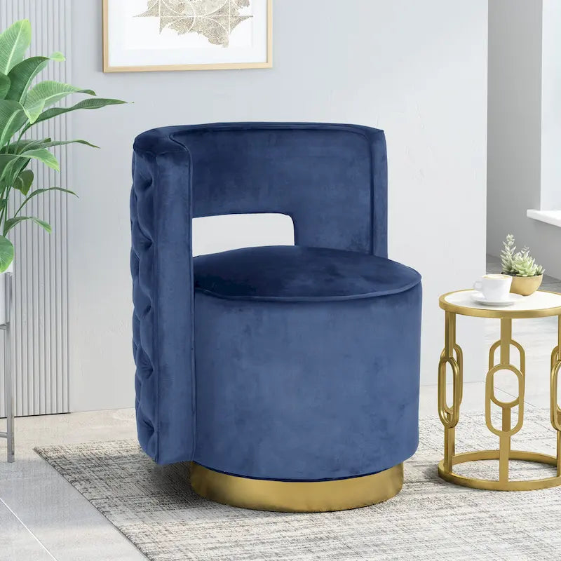 Modern Glam Round Open Back Velvet Swivel Club Chair with Copper Base