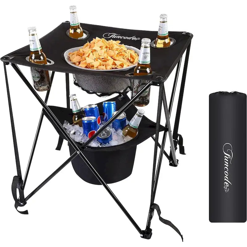 Portable Folding Camping Table, Double Deck, 4 Cup Holders & Carry Bag, Picnic & Beach