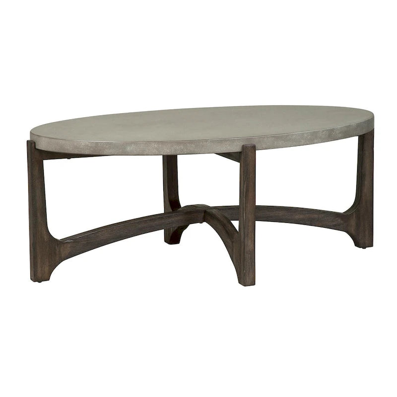 Oval Cocktail Table, Eucalyptus & Birch, Concrete Composite Top, Wire Brush Finish