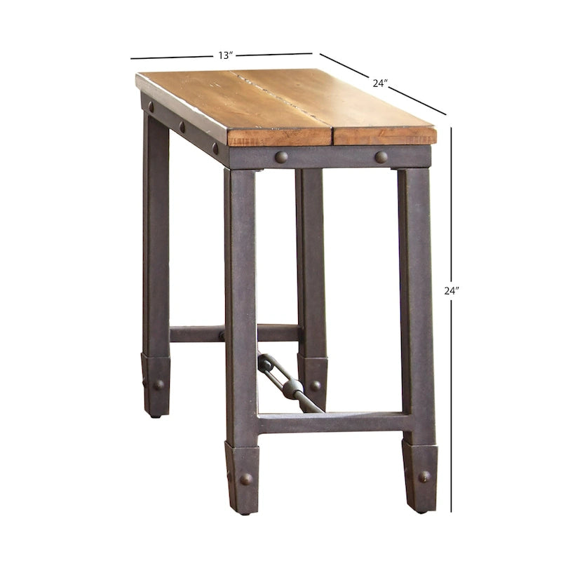 Industrial Chairside End Table, Distressed Pine Top & Iron Base, 24"H x 24"W