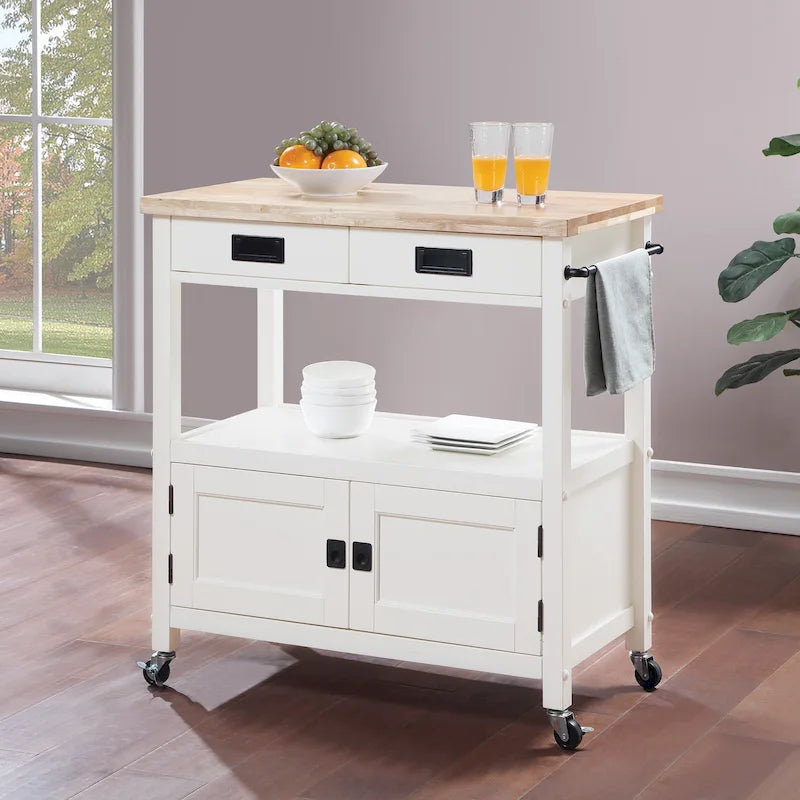 Farmhouse Kitchen Cart with Wood Top, 2 Drawers & Storage Compartments, 34.75"W