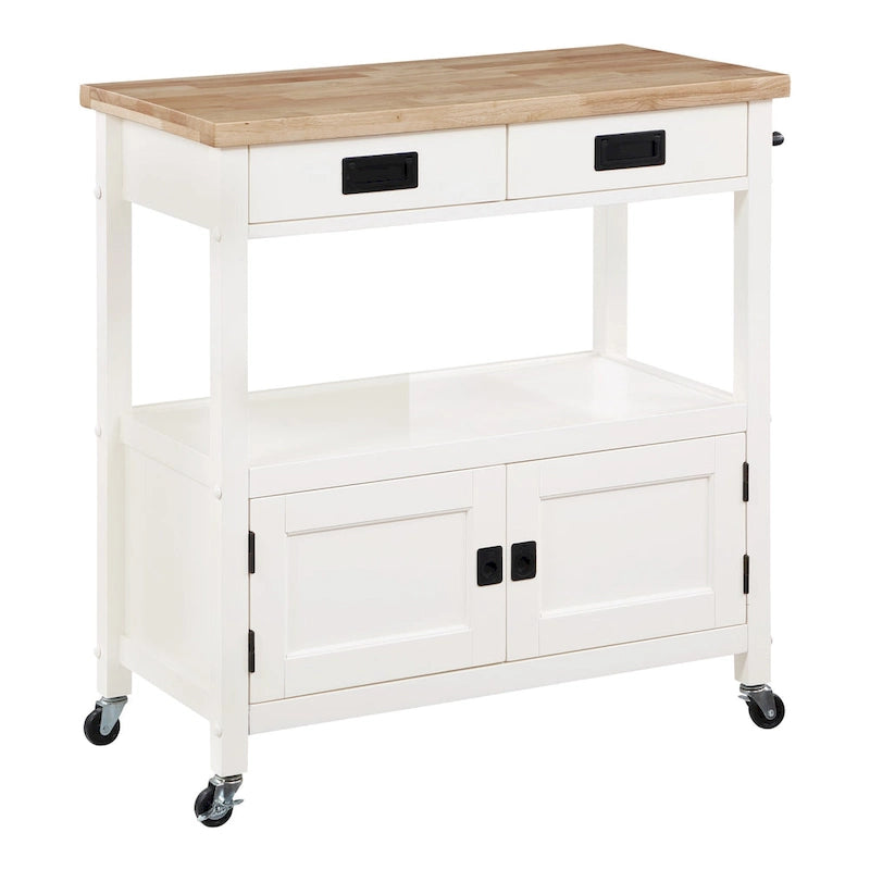 Farmhouse Kitchen Cart with Wood Top, 2 Drawers & Storage Compartments, 34.75"W