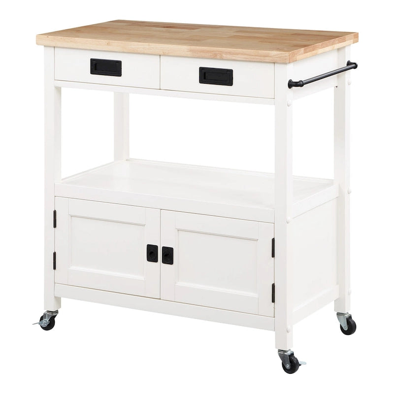 Farmhouse Kitchen Cart with Wood Top, 2 Drawers & Storage Compartments, 34.75"W